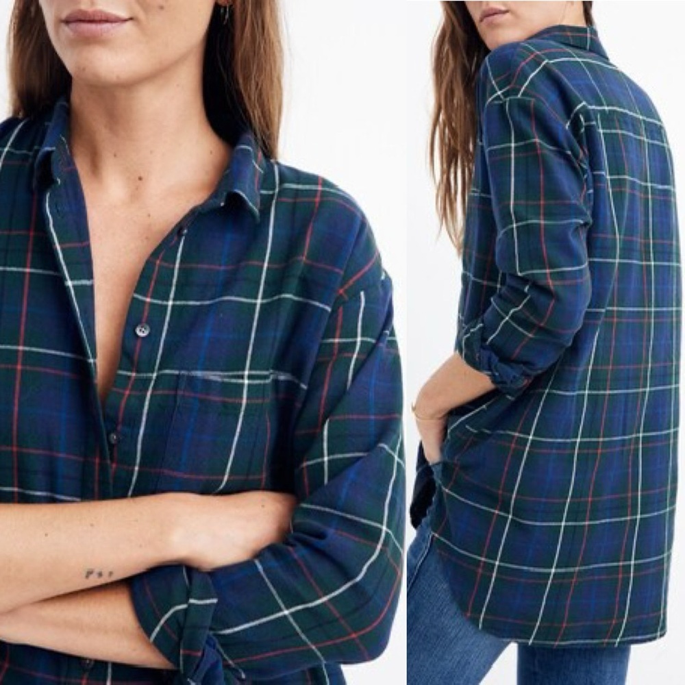 Madewell Flannel Oversized Ex-Boyfriend Shirt in Dark‎ Plaid 100% Cotton Size XS